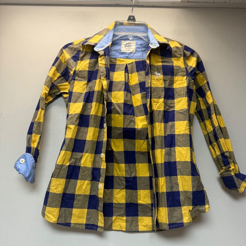 Mini Boden Button Down Shirt Kids 7-8Y Yellow Navy Blue Excellent Buffalo Check